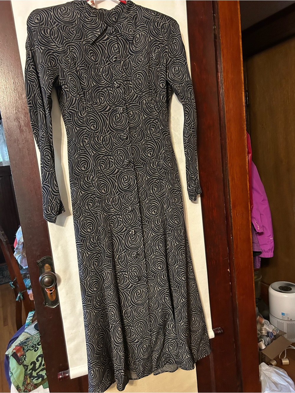 Black & Grey Swirl Long-Sleeve Maxi 100% Silk Dress, fit Small